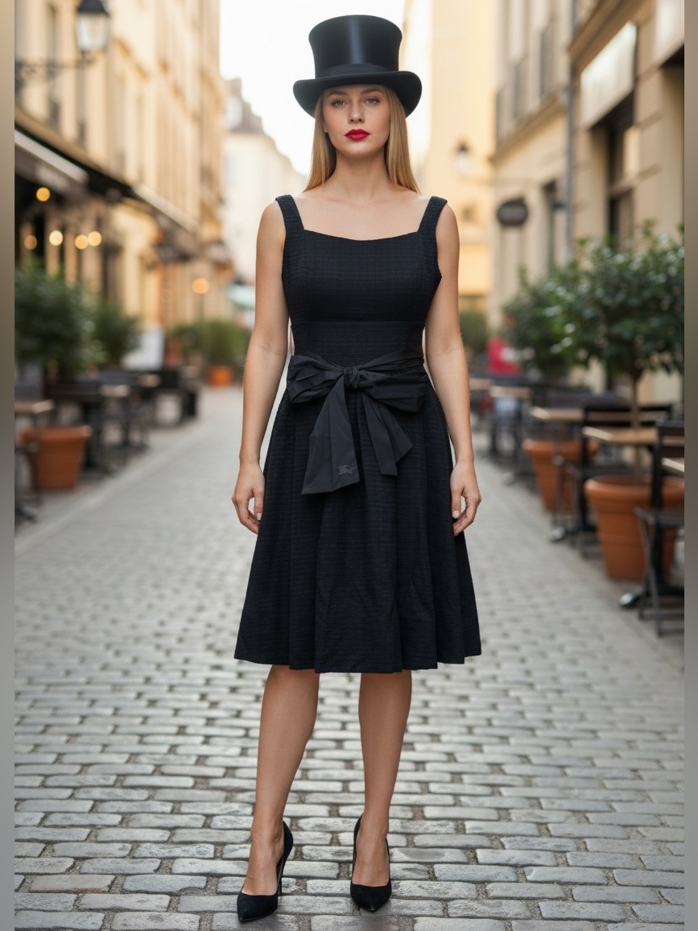 Burberry Black Sleeveless Fit-and-Flare Midi Dress with Waist Bow